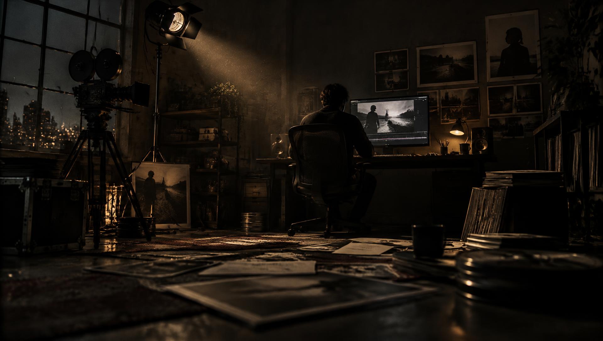 A dark creative studio with camera, studio light and handwritten notes