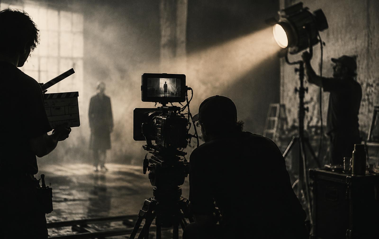 A film crew working around a cinema camera and studio light